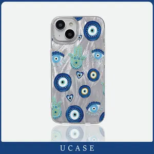 UCASE Blue eyes Glitter Casing For iPhone 11 15 16 17 AIR 13 14 Plus 12 Pro Max X XR XS Max 11 Pro Max 7 8 Plus SE Feather yarn silver Case
