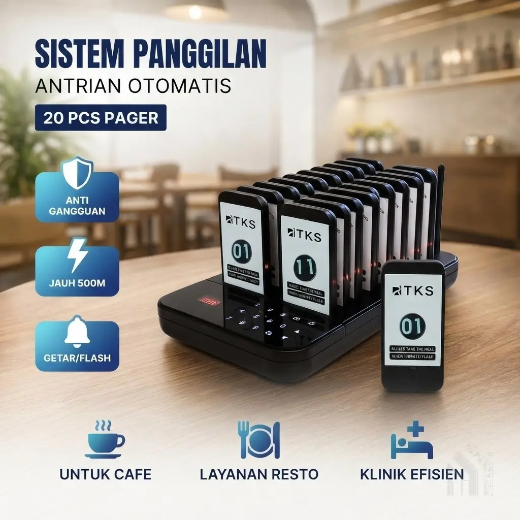 Sistem Panggilan Nirkabel Mesin Antrian Elektronik Otomatis untuk Restoran Kafe Klinik dengan 20 Pager Penerima Sinyal Kuat Jarak 500 Meter Pengaturan Meja Efisien Meningkatkan Pelayanan Bisnis