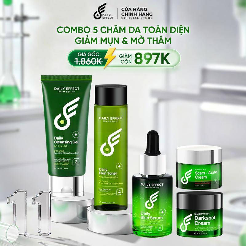 Combo Sữa Rửa Mặt + Toner + Serum HA B5 + Kem Chấm Mụn + Kem Giảm Thâm Sau Mụn - DAILY EFFECT 120ml + 120ml + 30ml + 10g + 10g