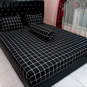 Sprei 180X200 160X200 120x200 Premium Dingin Seprai & Sarung Bantal Guling tali Seprei katun Kotak Hitam estetik Pink King Karet Sudut
