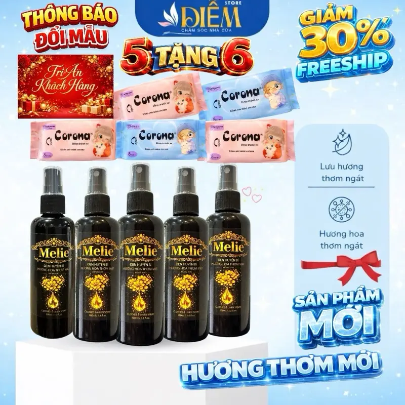 [ Mua 5 TẶNG 6 khăn Mini Bin Bin ] Combo 5 Xịt Khô Melie 100ml - Xịt Thơm Quần Áo Melie - Hương Nước Hoa