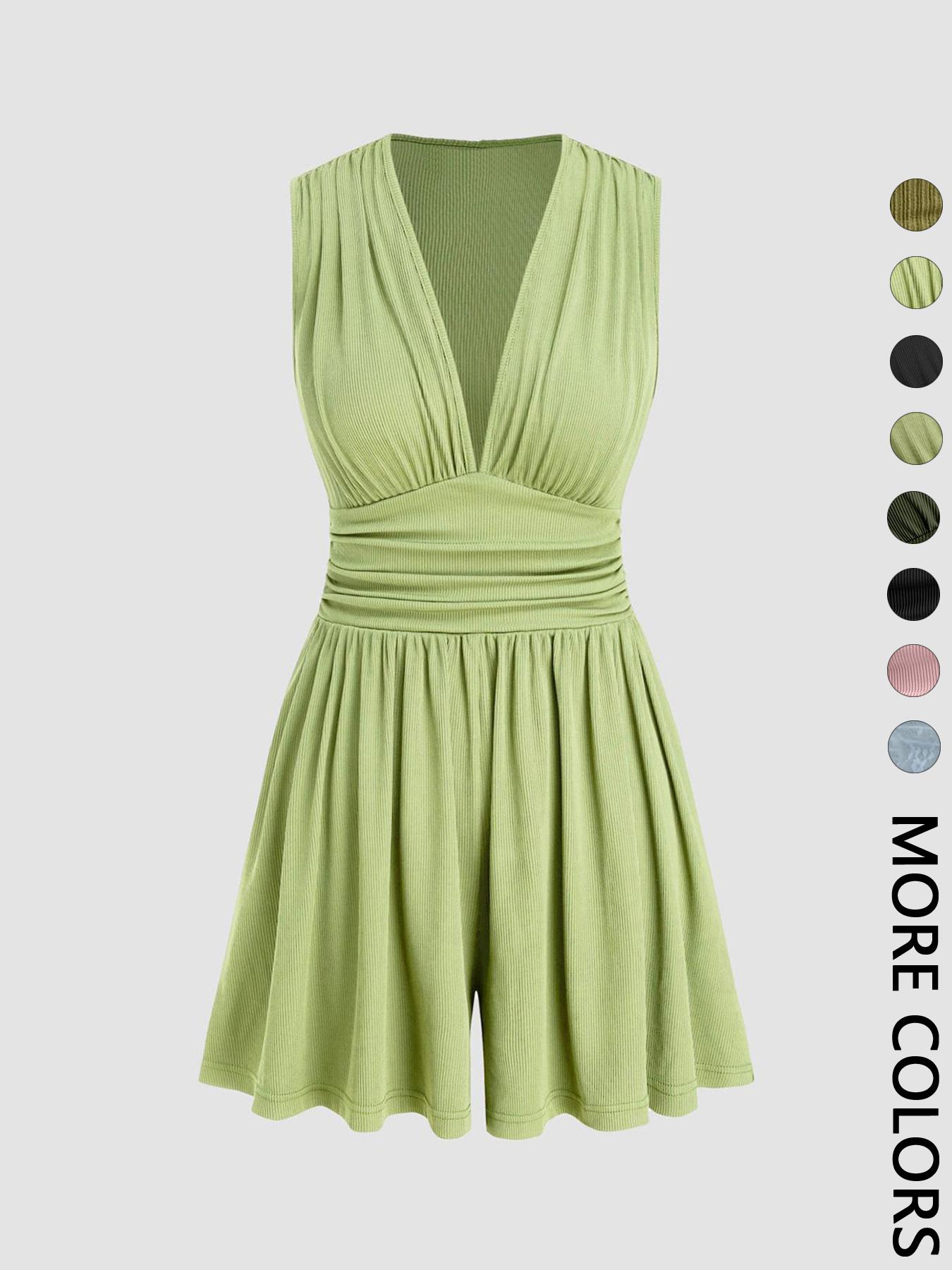 Women's Plain Ruched Deep V Neck Tank Romper, Elegant Sleeveless Romper For Summer, Fashion Casual Ladies Clothes For Daily Wear Women's Plain Ruched Deep V Neck Tank Romper, Elegant Sleeveless Romper For Summer, Fashion Casual Ladies Clothes For Daily Wear