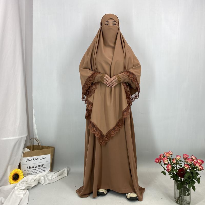 Product Introduction of 6693#  2 Piece Set Set Khimar (Jubah Free Khimar) New Fashion Prayer Muslims Women Lace Party Gift Dress And Khimar 4