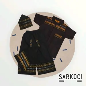 ( SPESIAL PROMO FREE PECI ) Set Baju Sarkoci Anak Cowok Usia 1-12 Tahun Motif dongala Bahan Katun Lengan Pendek - Sarung Koko Peci Anak - Stelan Baju Muslim Anak