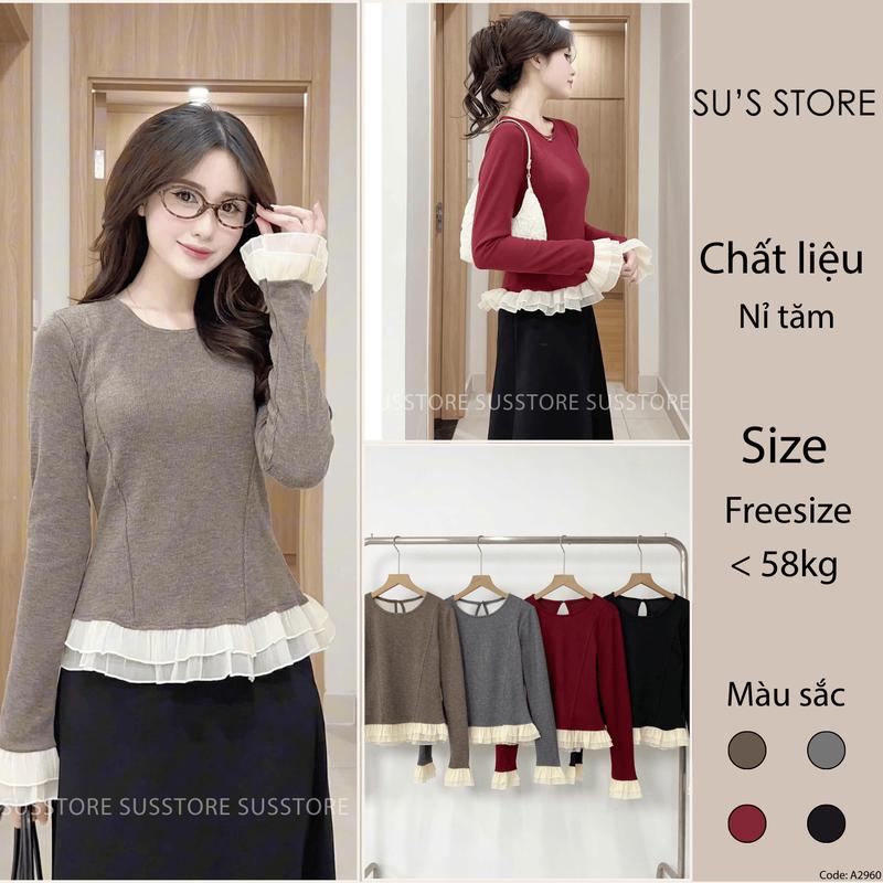 Áo Tăm Cổ Tròn Dài Tay Viền Bèo Gân Dọc A2960 Susstore Top Thời Trang Nữ