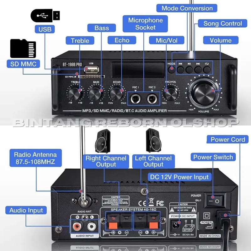 Power Amplifier FLECO BT-198B PRO | Amplifier Bluetooth MINI Fleco Audio Power BT 198B PRO 1000W | Karaoke + Mp3 player + FM Radio Full Bass - FLECO BT-198B PRO 3