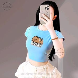 Áo Thun Croptop Basic Form Ôm Body Nữ Cổ Tròn Tay Ngắn In Hình "Capybara Style Pin Đâu?", Kích Cở S M L, Women Sò Sen Hoa Sen Dáng Ngắn Thun