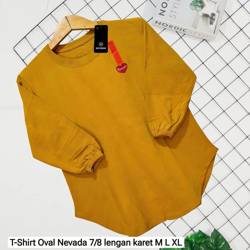 Kaos wanita Oversize oval Lengan Karet 7/8 katun Combed 4