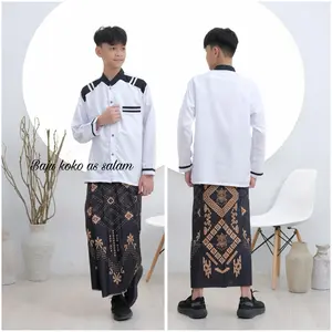 Setelan sarko anak laki-laki sarung dan baju koko putih anak lengan panjang usia 9-15 th Muslim Katun