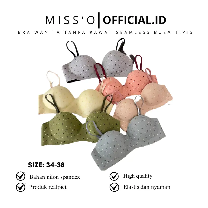 Missoofficial.id BR1932 Bh Bra Wanita Tanpa Kawat Seamless Bralette Elastis Pakaian Dalam Polkadot Busa Tipis 0