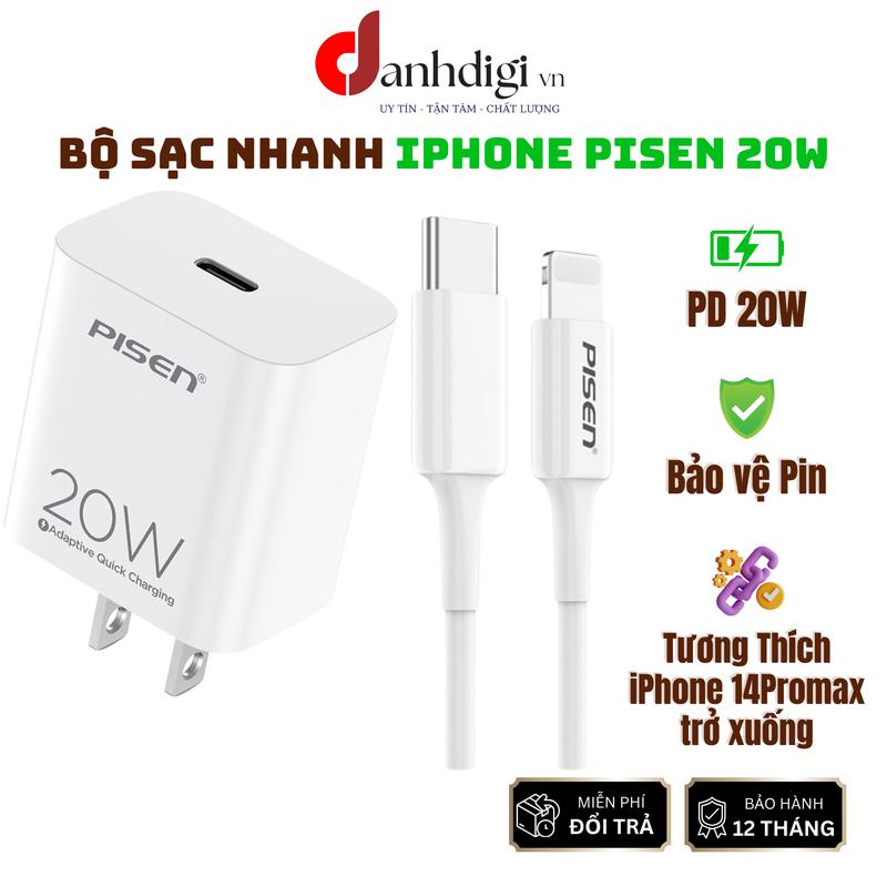 Bộ sạc nhanh iPhone 20W Pisen Type-C to lightning cho iPhone 14promax,14pro,14,13promax,13,13pro,12promax,12pro,12,11promax,11pro,11,xr,xs,xsm,x,8plus,8 cốc pisen 20w chính hãng sac manh sactocdo