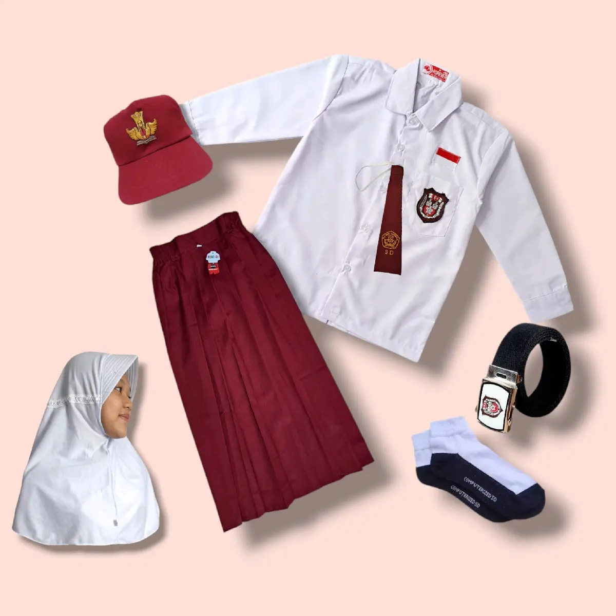Setelan KERUDUNG Seragam Sekolah Anak SD Merah Putih
