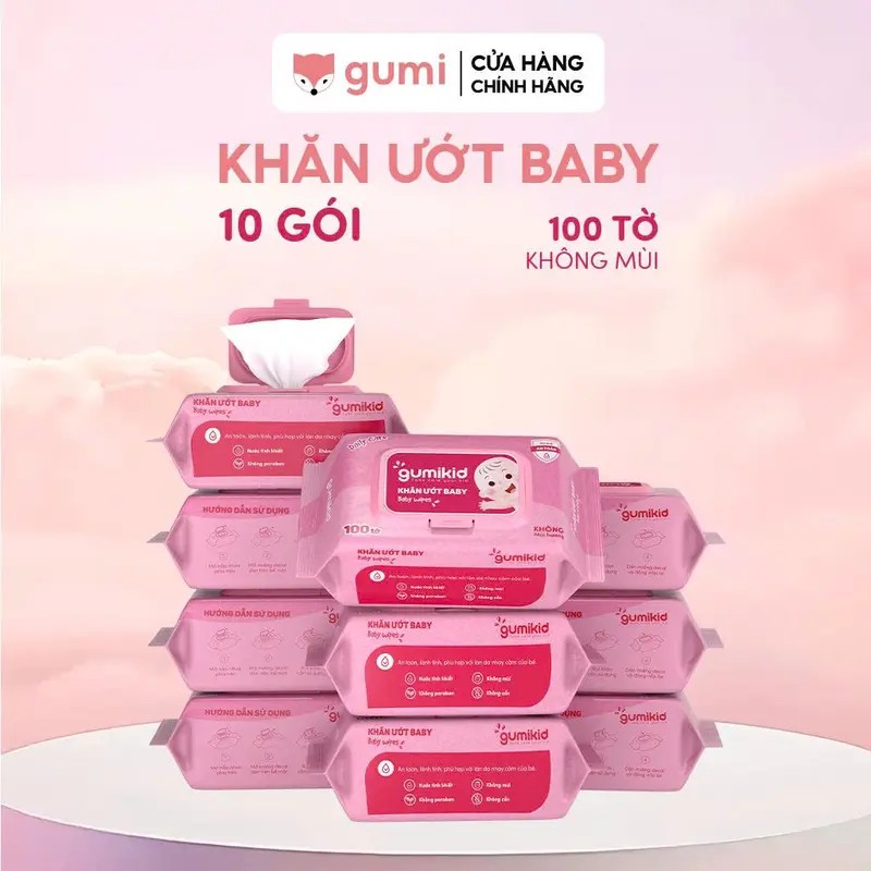 (Mall) Thùng 10 KID khăn ướt Gumi không cồn không parabens cao cấp dành cho em bé khăn ướt