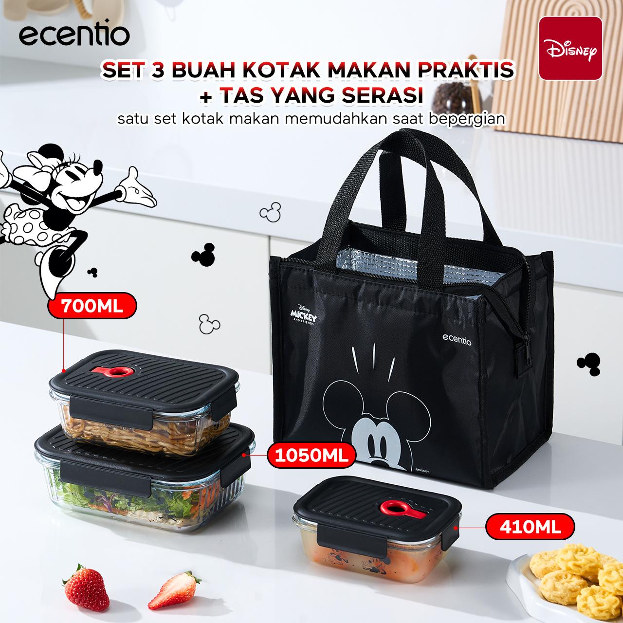 【Live Exclusive】 ecentio Food Container Mickey Mouse 3pcs & Tas Portable,410ml+700ml+1050ml Toples Kaca Mudah Dibersihkan,Tas Penyimpanan Portabel Kapasitas Besar,Cocok untuk bekal makanan