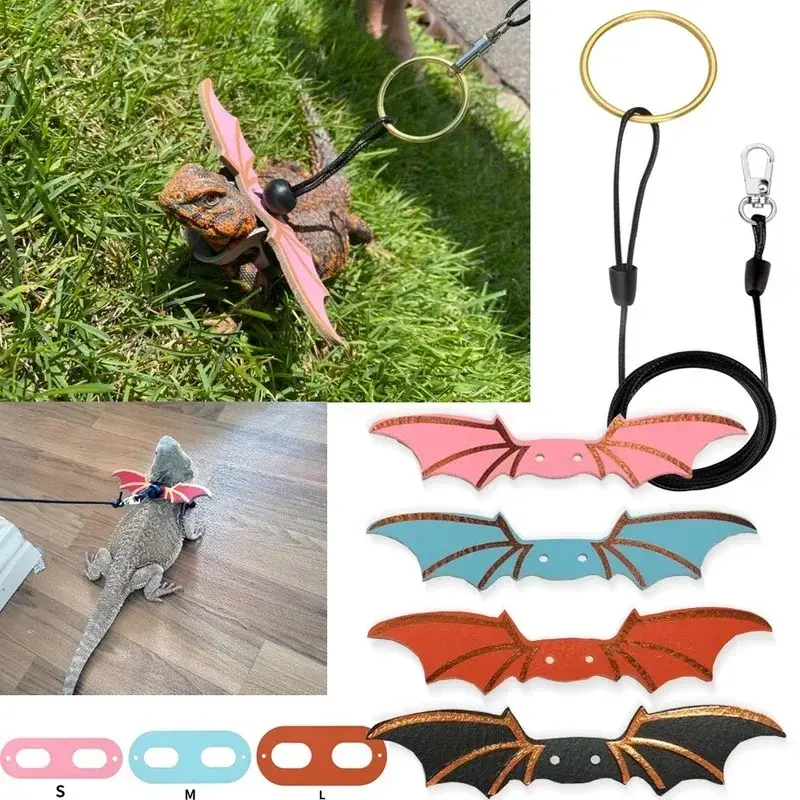 2024 New 3 Pcs Adjustable Bearded Dragon Leash With Bat Wings Soft Leather Lizard Harness For Amphibians And Other Small Reptile