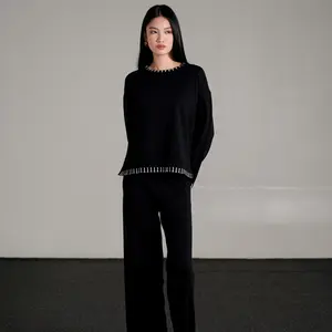 This Is April Soobin Set Baju Setelan Rajut Wanita Lengan Panjang dan Celana Panjang Casual Khaki dan Black (RESTOCK)