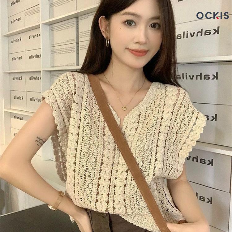Áo Khoác Dệt Kim Quyến Rũ, OCKIS, Với Chi Tiết Khoen, Áo Len Cổ Chữ V Phong Cách Hàn Quốc, Dành Cho Nữ, [Thanh Toán Khi Nhận Hàng] 3