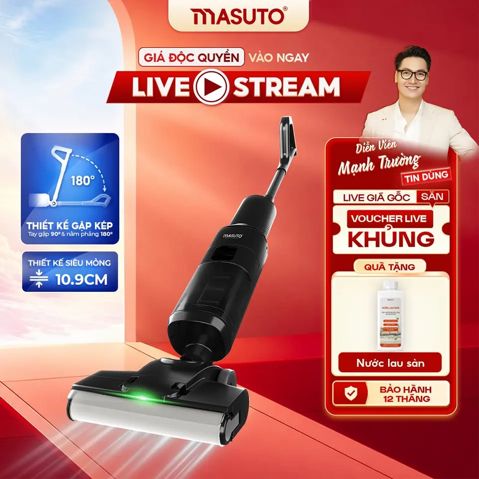 Máy hút bụi lau nhà không dây cầm tay Masuto FlexiFold | Lực hút siêu mạnh 15.000Pa, Tay gập linh hoạt 90°, Tự vệ sinh 1 chạm