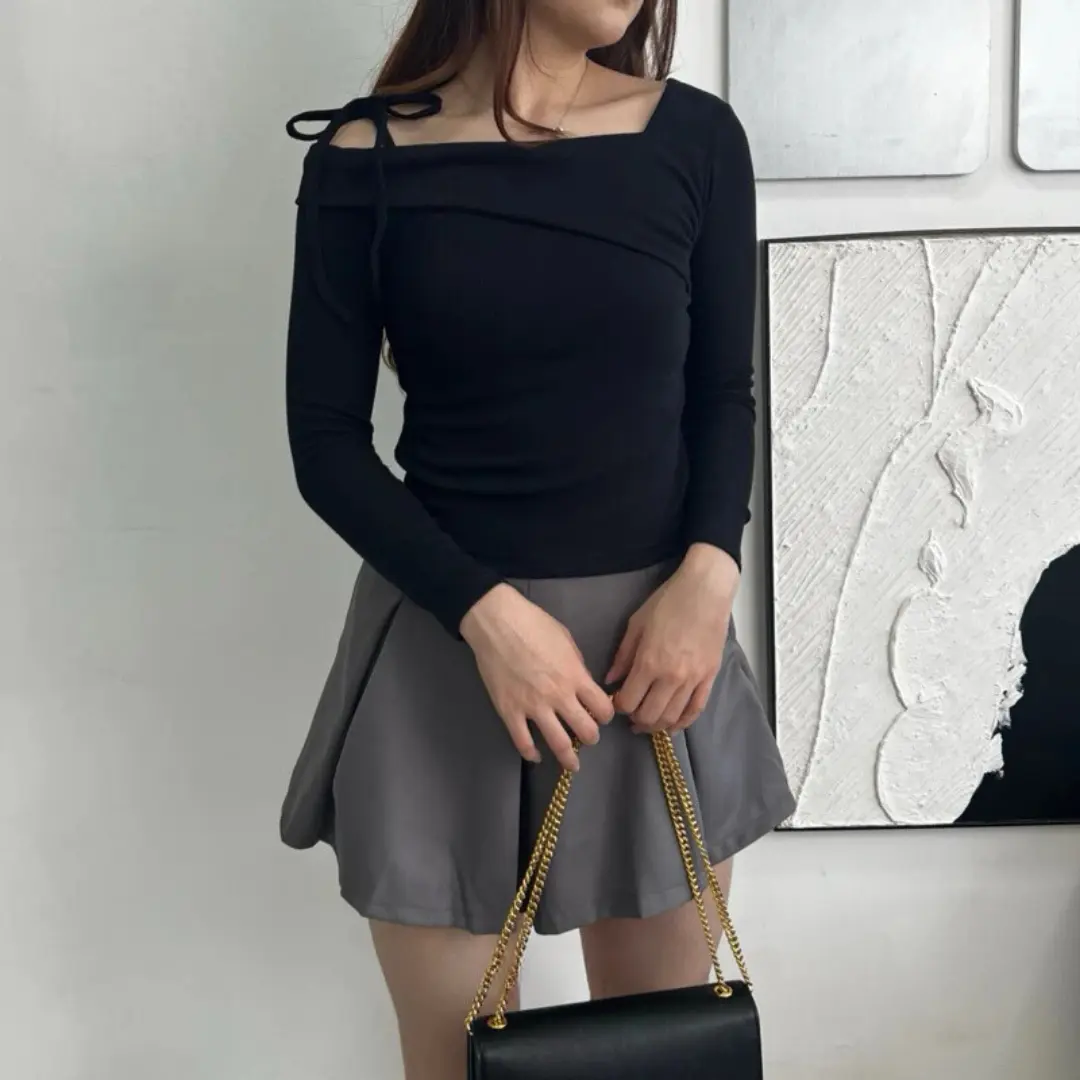 Yeona Top  – Sabrina Knit Top – Atasan Wanita Lengan Panjang Pita – Korean Top Long Sleeve