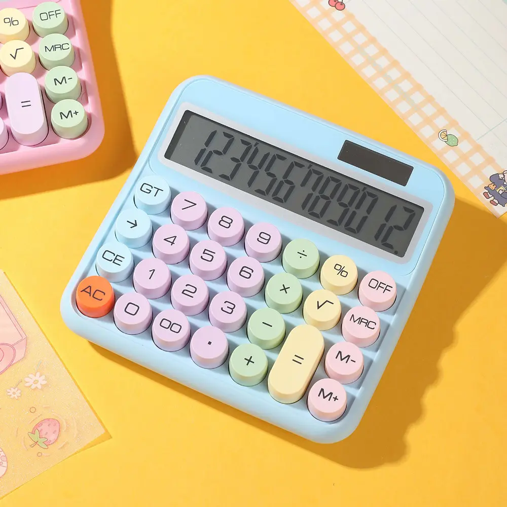 Kawaii Calculator 12-Digit Display Candy Colour Silent Mechanical Keyboard Desktop Financial and Accounting Learning Portable Calculator for Office School and Home Use