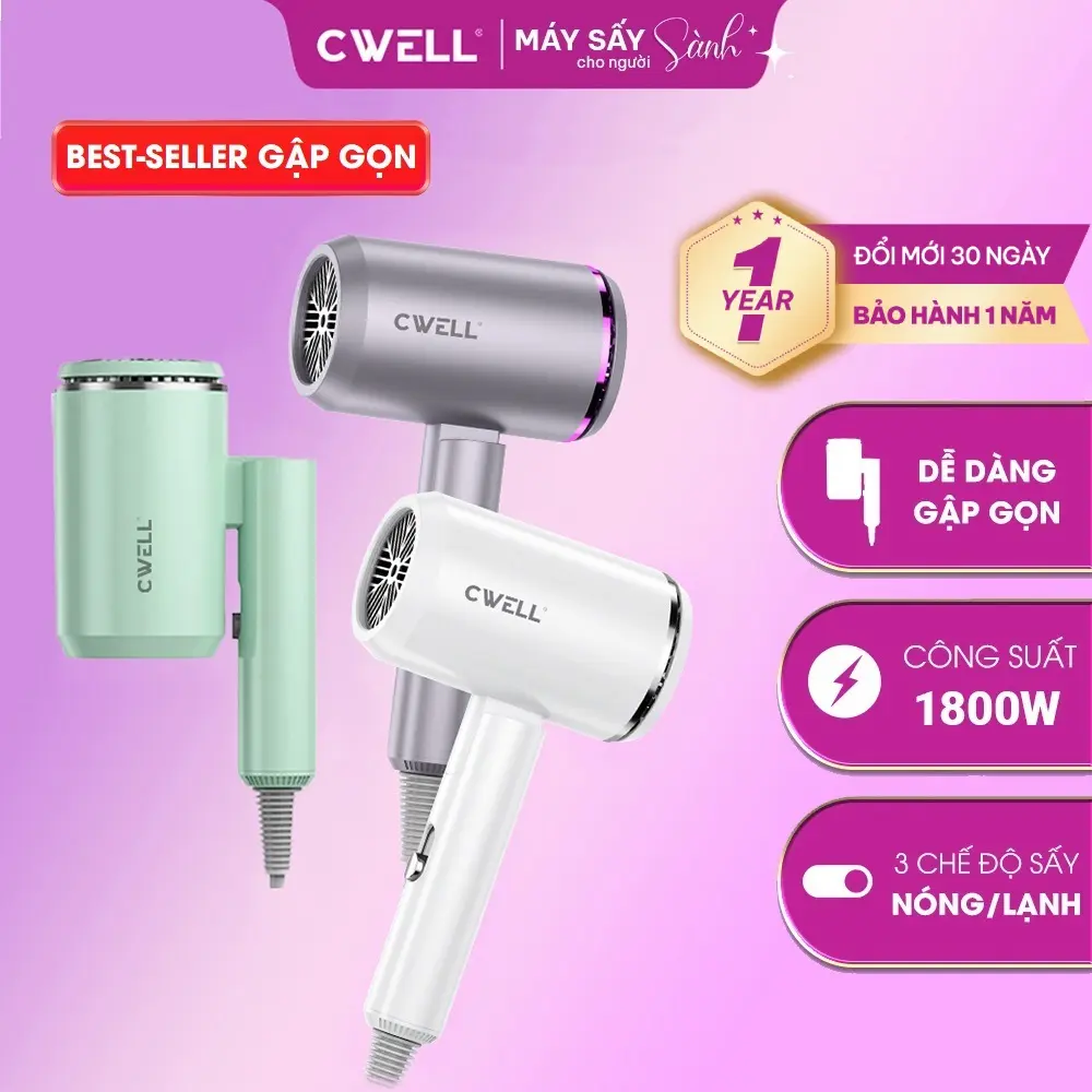 Máy sấy tóc gấp gọn CWELL 2 chiều nóng & lạnh, 3 chế độ nhiệt, công suất 1800W kiểu dáng mới kèm ánh sáng xanh, nhiệt vừa phải giảm xơ rối cho nam và Nữ - NÂNG CẤP C05HD Women - BH 12 THÁNG