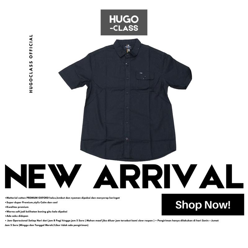 Baju Kemeja HUGOCLASS Casual 6 Warna Polos Kerah - Lengan Pendek 100% COTTON Distro Katun Pria Cowok Atasan Kerja Nyaman Soft Lembut Muda Formal Muslim Dewasa Merah Pendek Hem Hitam Keren 2