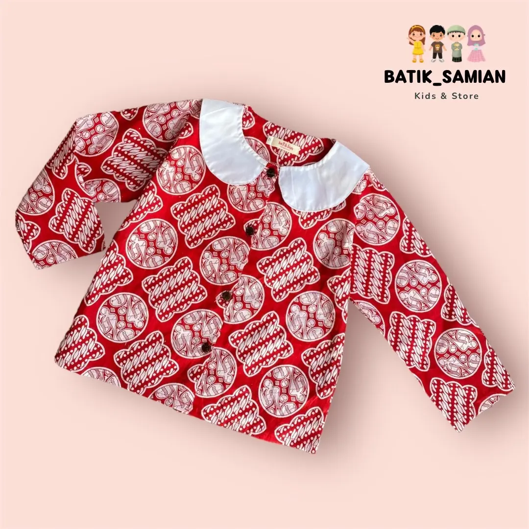 ATASAN BATIK ANAK LENGAN PANJANG HIBAJ MERAH PUTIH MOTIF KAWUNG & JAGAD BAHAN KATUN ADEM NYAMAN DI PAKE Fashion Baju