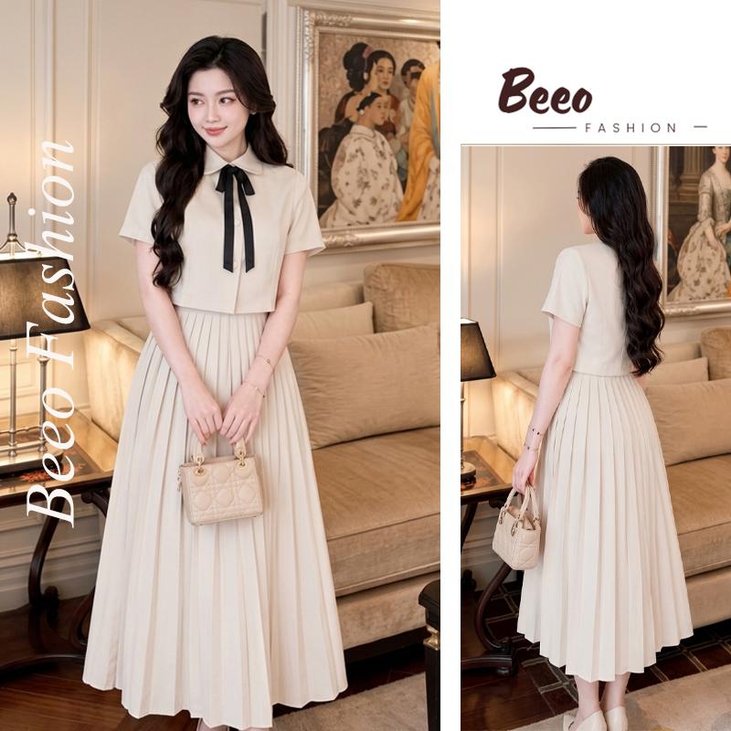 Váy Liền Giả Set Áo Tay Ngắn Phối Nơ Đen Chân Váy Dập Ly Dài Thanh Lịch Beeo Fashion S29