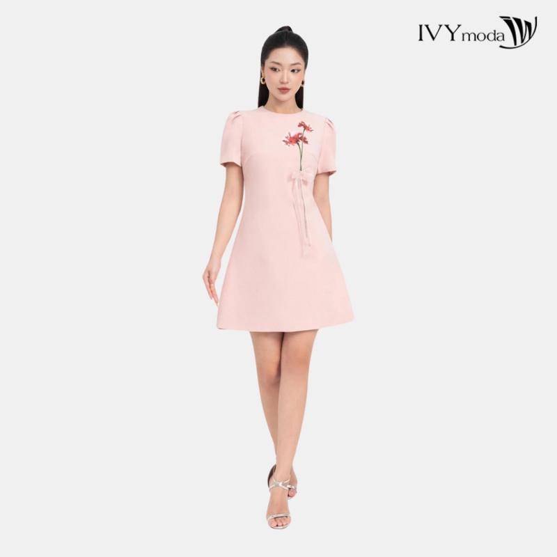Đầm A dệt BURN OUT đính nơ nữ IVY moda MS 48M8802
