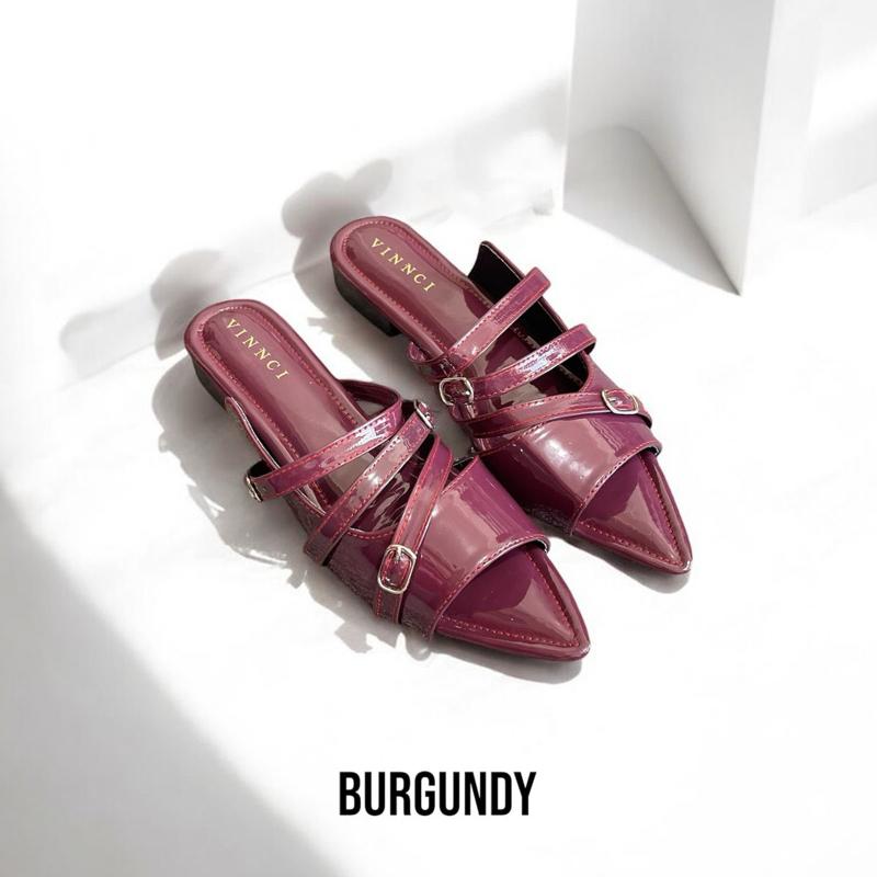 Nd 020  Sendal Mules Wanita Gasper Kekinian Cream,Black & Burgundy No Box Shoes Selop 2