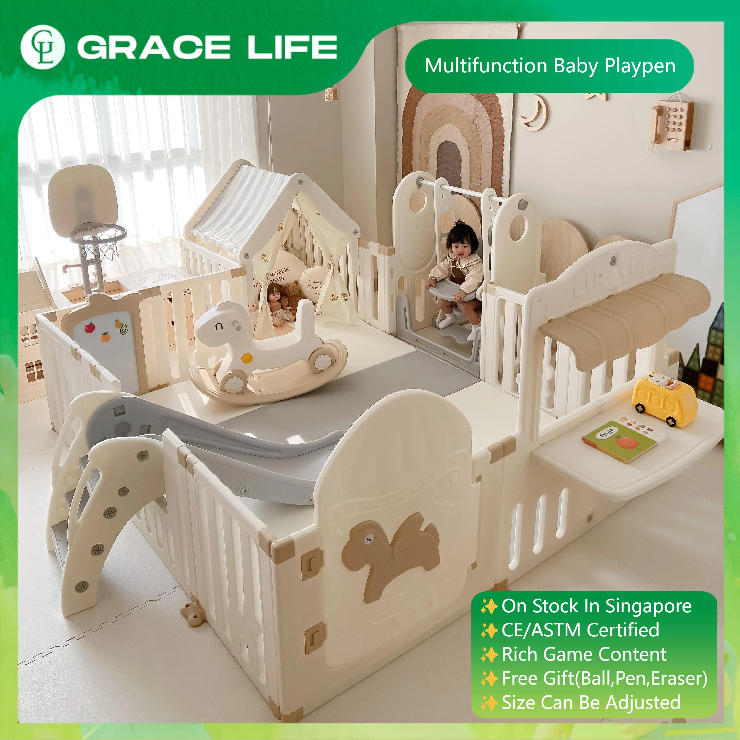 【GraceLife】6 in 1 Baby Fence With Door Baby Playgroud Free Gift（Ocean ball/Hoop/Basketball/Brush）