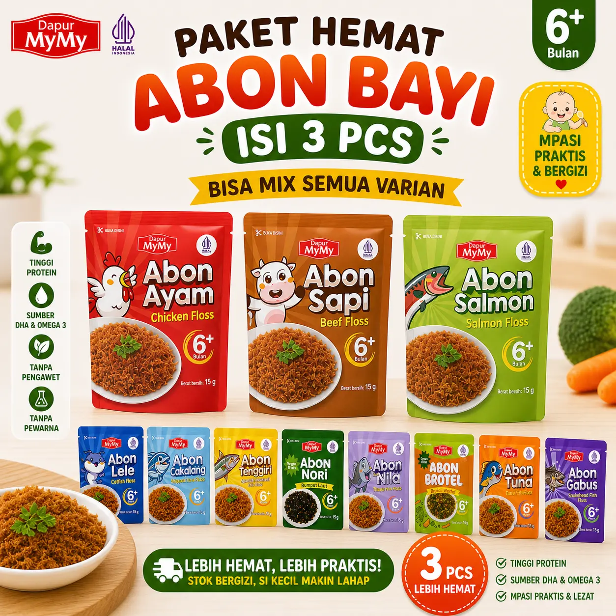 Paket Hemat Abon Bayi MPASI 6+ Bulan Isi 3 PCS | Bisa Mix Varian Ayam Sapi Salmon Tuna Lele Nori | Tinggi Protein
