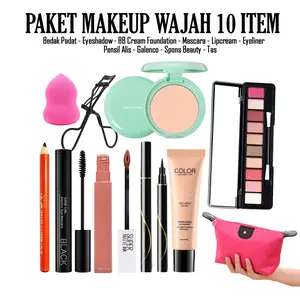 Paket Kecantikan Wajah 10 Item - Bedak Foundation Eyeshadow Mascara Eyeliner LIpcream Pensil Alis Galenco Spons Tas