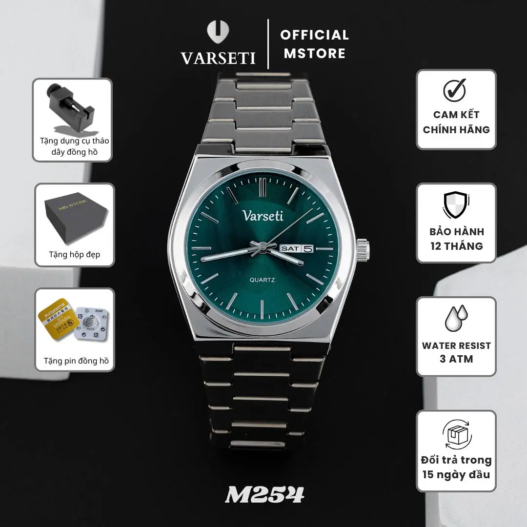 Đồng hồ pin Varseti Quartz nam dây thép tông bạc – Day-Date lịch thứ & ngày 3h, phong cách doanh nhân hiện đại [AFF]