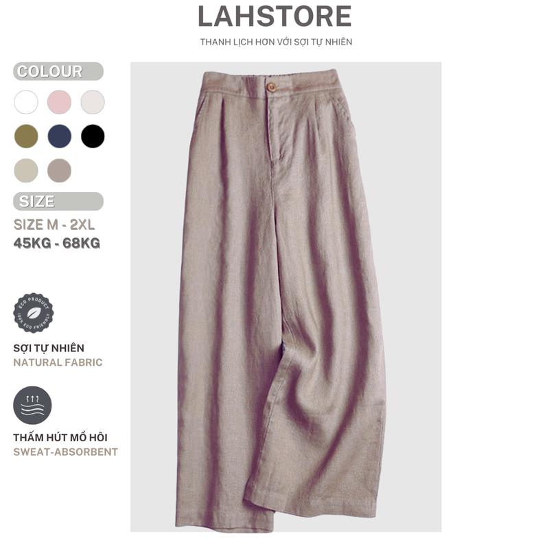 Quần dài ống rộng dáng suông LAHSTORE vải linen cạp cao lưng thun QD01 Nâu - Women's Pants Nữ