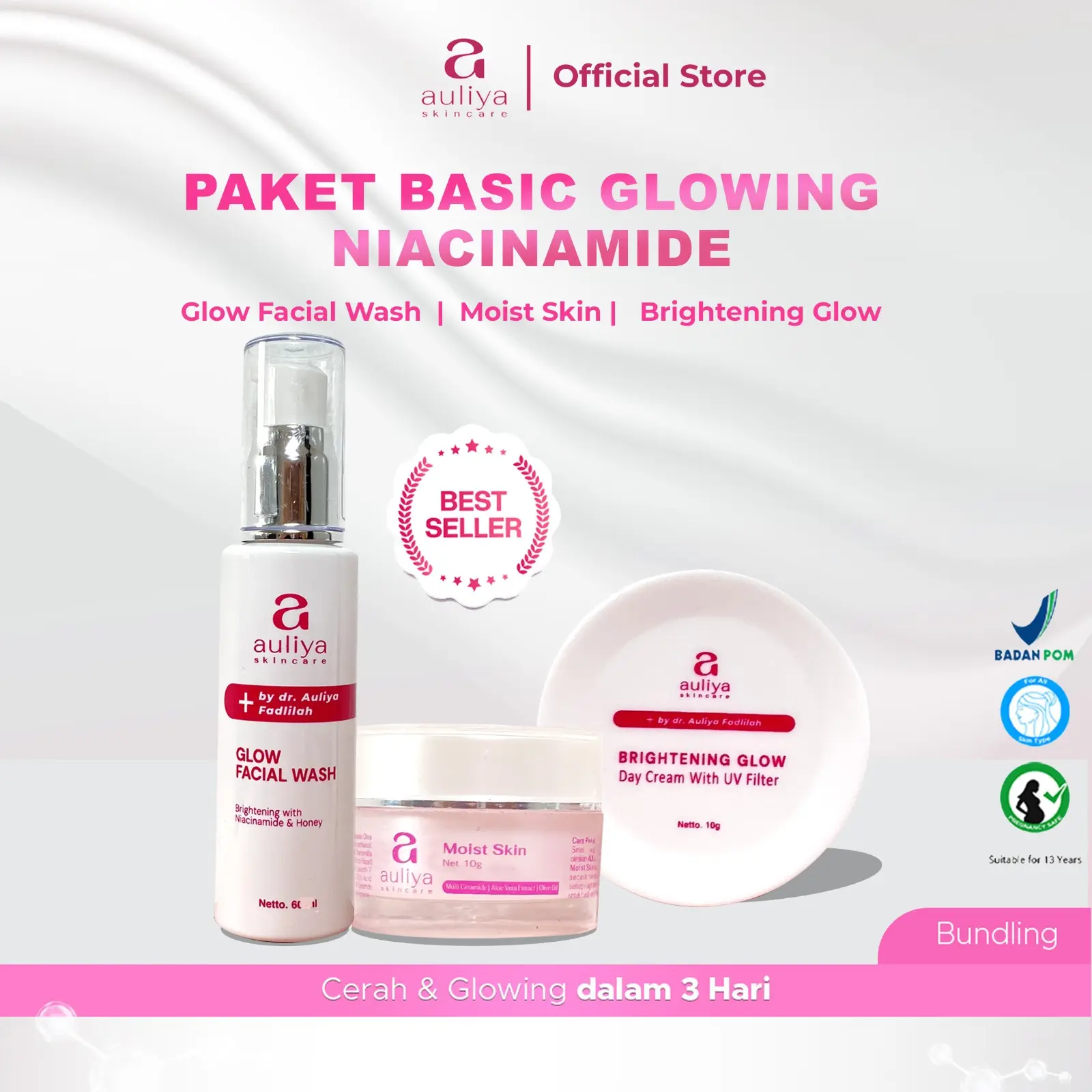 Auliya Skincare Paket Basic Glowing Niacinamide - Special Bundling 3pcs Glow Paket Facial Wash Moist Skin Brightening Day Glow Perawatan Wajah Yang Mampu Mencerahkan Menghaluskan Melembapkan Mencegah penuaan dini dan Aman untuk Semua Jenis Kulit.