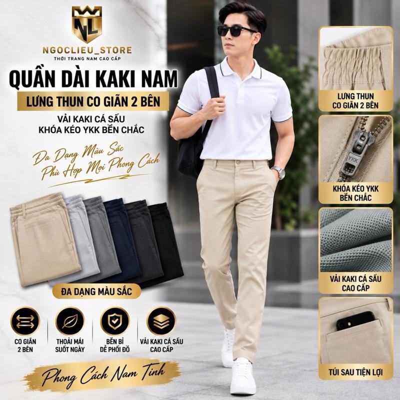 Quần Dài Kaki Nam Lưng Thun Co Giãn 2 Bên, Vải Kaki Cá Sấu Cao Cấp, Khóa Kéo YKK, Form Đứng Lịch Lãm,NgocLieu Store DK001