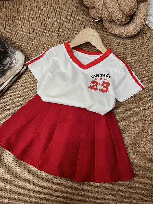 (Form Ôm) Set Áo Thun Trắng Viền Đỏ Kèm Chân Váy Xếp Li Đỏ 99G Dành Cho Bé Gái