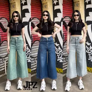 Celana kulot jeans wanita 7/8 higwaist double kancing