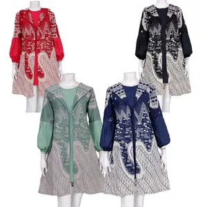 Tunik Wanita Batik Pertiwi Rembulan Model Blezer Menyatu Katun Navy Muslim