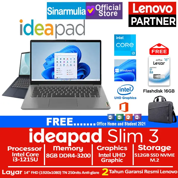 Lenovo Ideapad Slim 3i i3-1215U 512GB SSD 8GB 14" FHD Win11+OHS 0