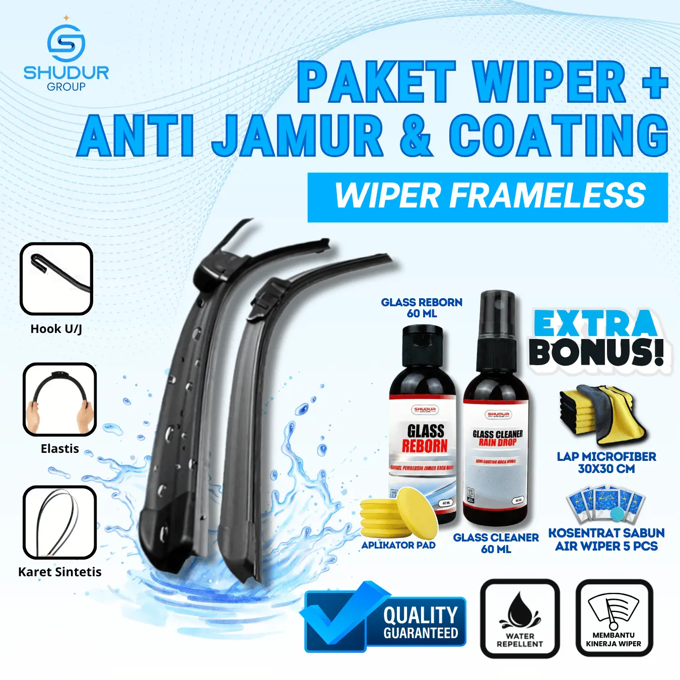 Shudur Wiper Frameless Mobil Tanpa Rangka Besi Sepasang Kiri dan Kanan Universal Berkualitas Cocok Untuk Semua Mobil Bonus Paket Semi Coating dan Anti Jamur Kaca Mobil