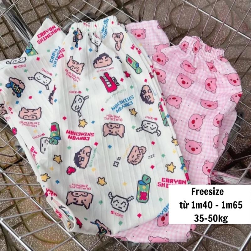 Quần Dài Hoạt Hình Form Rộng Hình Shin Quần Dài Mặc Nhà Vải Đũi Gân Thoáng Mát Women Nữ