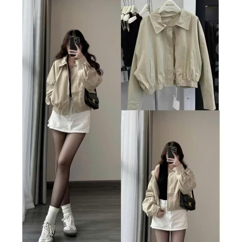   DEAL MỞ BÁN GIẢM 69%  Áo Khoác Bomber Nữ Form Rộng Tay bồng Dáng Vintage - Áo kaki màu Be mẫu mới 2025 