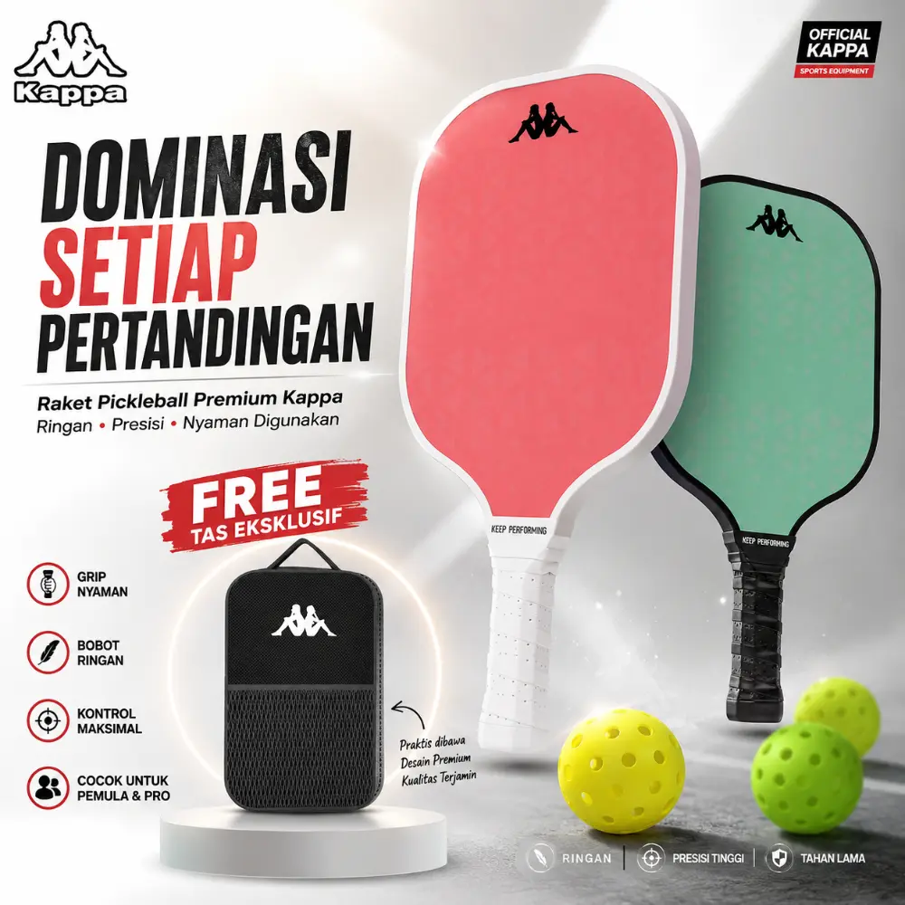 Kappa Raket Pickleball Premium Fiber Glass & Serat Karbon Carbon Fiber 16mm | Paddle Pickle Ball Anti Slip Grip Sweet Spot Luas Meredam Getaran | Gratis Tas Raket Eksklusif | Raket Olahraga Pickleball Pemula & Pro