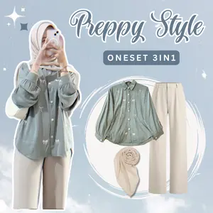 One Set Outfit Remaja ( Kemeja Pita + Loose Pants + Jilbab Bella Square ) Baju Setelan Wanita Panjang - LT112 Muslim