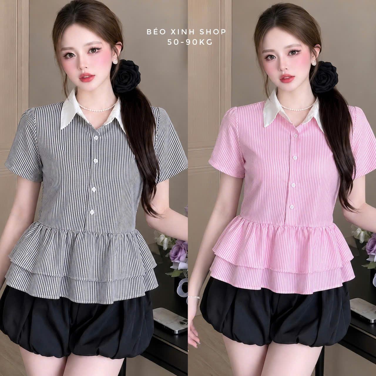 Áo Sơ Mi Kiểu Nữ Kẻ Sọc Phối Bèo Tầng, Tay Ngắn Dáng Xòe Nhẹ Che Bụng 50-90kg Thời Trang Nữ Béo Xinh Shop - A.1860