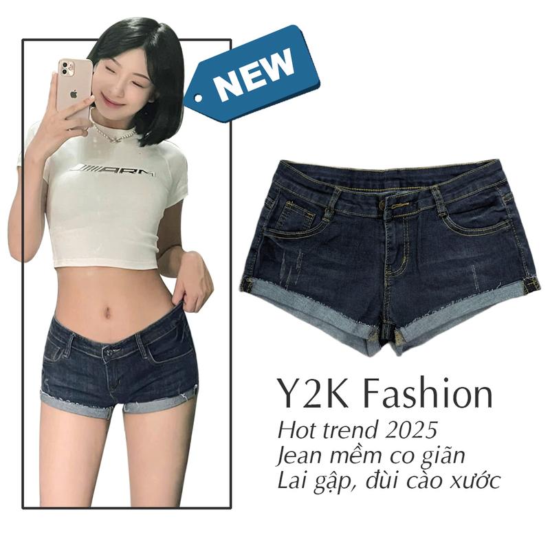A22 - Quần jeans bò dance lai gập short ngắn lưng thấp trendy cạp trễ xanh đậm ôm đùi tôn dáng cá tính co dãn tập nhảy