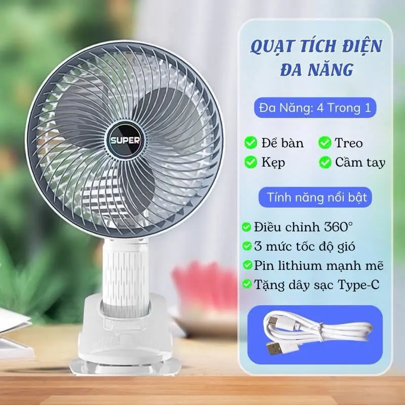 Quạt Tích Điện Mini Đa Năng 4 Trong 1 Với 3 Tốc Độ Gió Mát, Xoay Linh Hoạt Không Tiếng Ồn - Bảo Hành Lỗi 1 Đổi 1