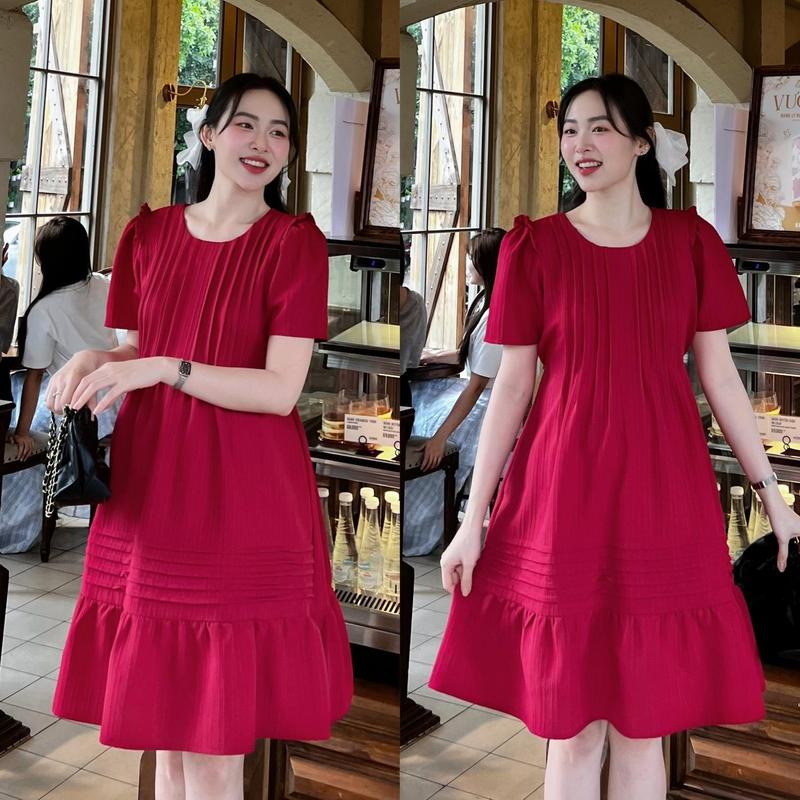 Đầm bầu xêp ly nhỏ bèo tay nhẹ nhàng năng động. Nữ Women Dress Kem Màu Hồng